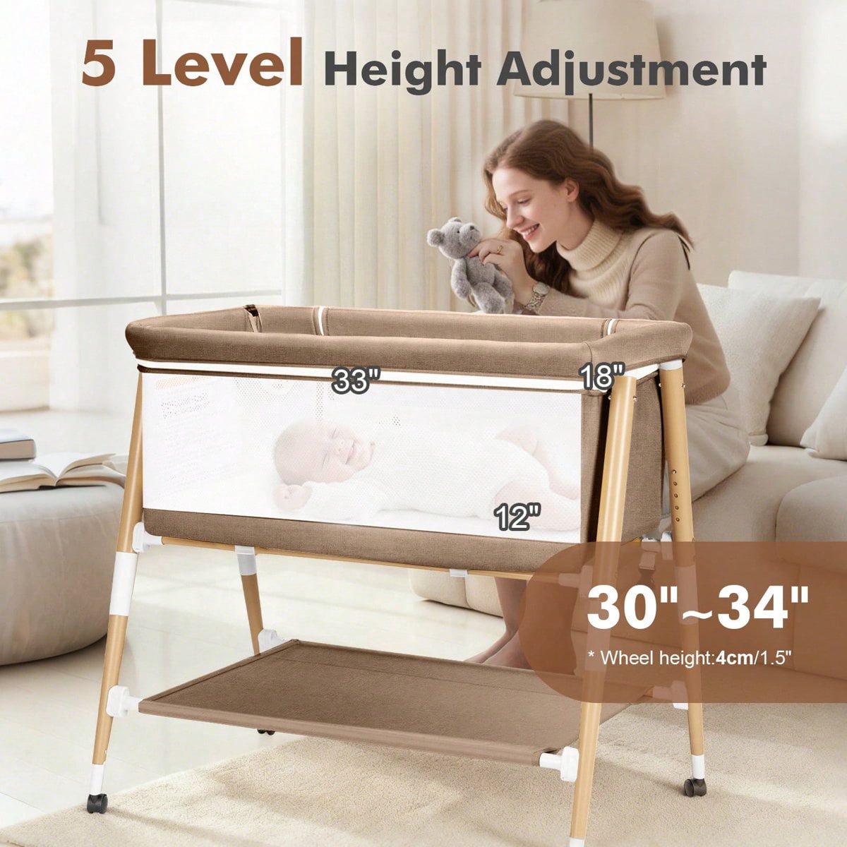 3 in 1 Baby Bedside Bassinet Sleeper for Newborn,Infant Crib with Adjustable 5 Height for Babies Girls Boys Toddlers,Khaki
