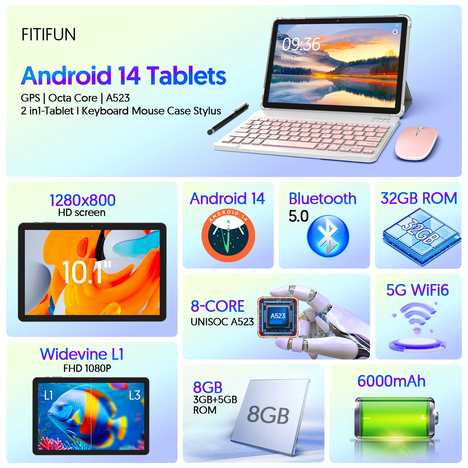 FITIFUN 10.1 Inch Tablets Android 14 Tablet with Keyboard, 8GB RAM 32GB ROM 1TB Expand,Octa-Core, 6000mA,5G WiFi6,HD IPS Display, Dual Camera