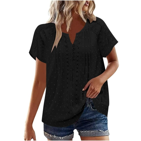 Wyobmus Womens Casual Tops 2025 Trendy Short Sleeve T-Shirt V Neck Pleated Lace Jacquard Flowy Teess-2X A-Black