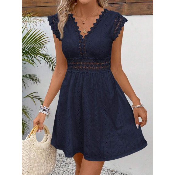 Blue Hollow Out Lace Trim V-Neck Short Sleeve A-Line Mini Dress