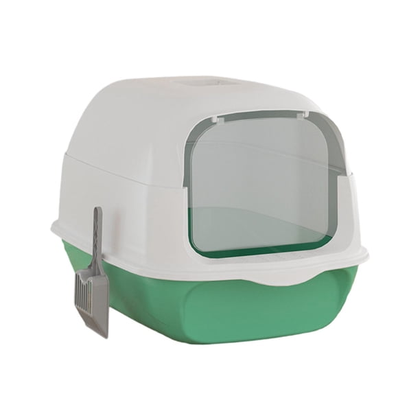 Arenero para gatos totalmente cubierto y pala para arena. Orinal para gatitos. Verde