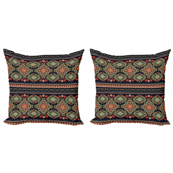 Ambesonne Ethnic Throw Pillow Cover 2 Pack, Floral Geometric Shapes, 20", Indigo Scarlet