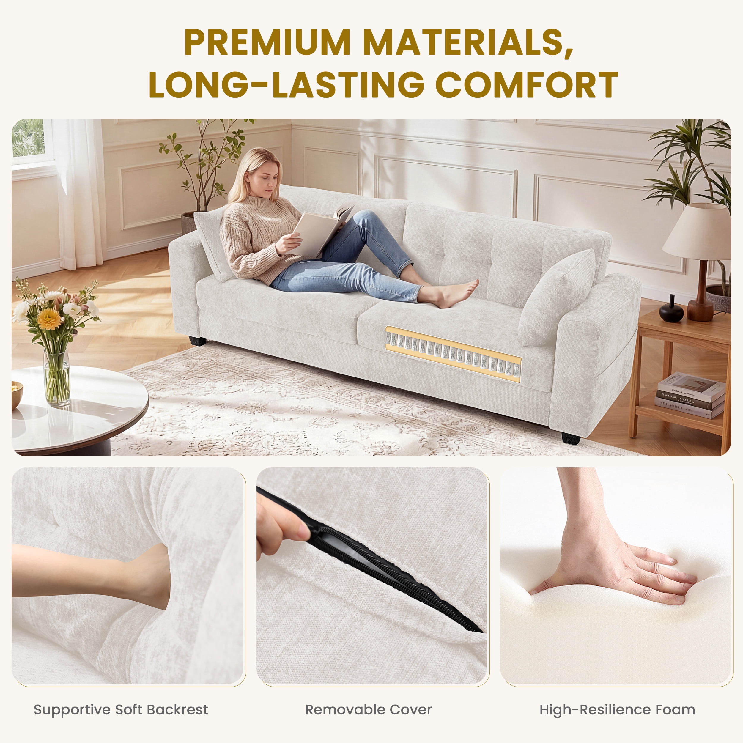 WISHEAD 87" Large 3 Seater Sofa Couch for Living Room, Office, Oversized Couches with Extra Deep Seat, USB Charging Port, 2 Pillows, Beige