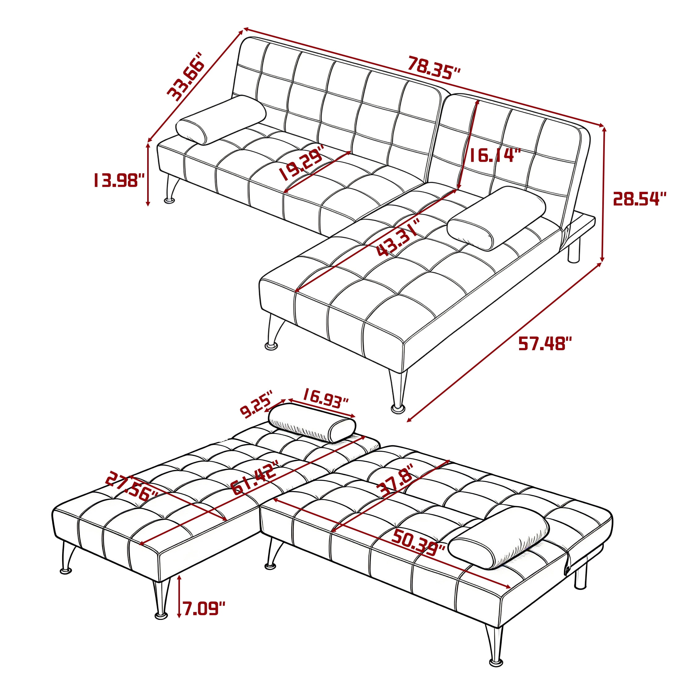 Gewnee 78.35”L-Shaped Velvet Reversible Sectional Sleeper Sofa,Futon Sofa with Adjustable Split Back & Chaise,Couch for Home,Office and Guest Room.Black