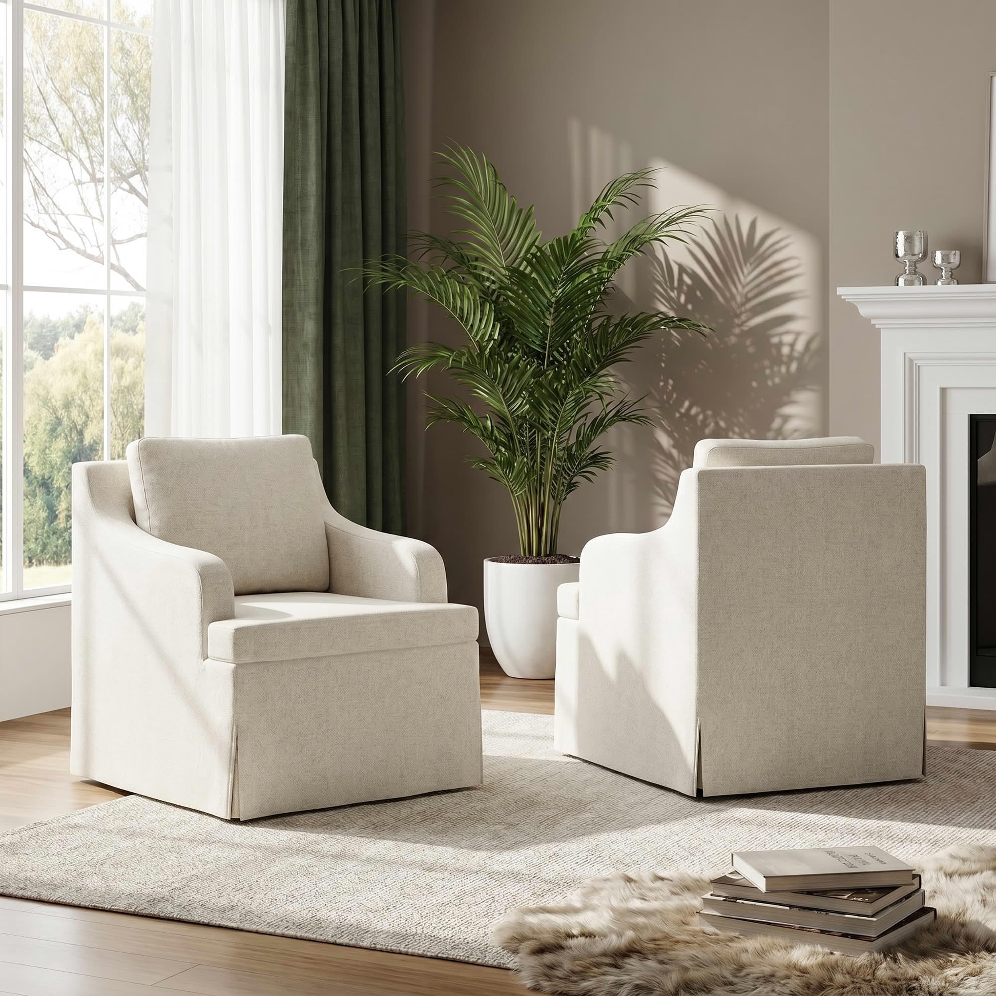 MAYEERTY 25.6" Beige Fabric Rolling Arm Dining Chair, 300LBS High Density Sponge Accent Chair for Dining Living Bedroom Restaurant