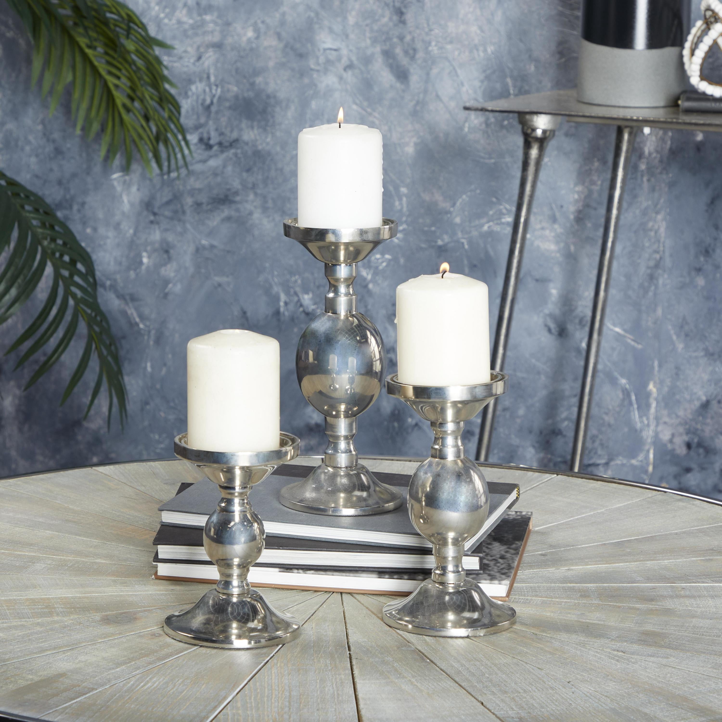 DecMode 3 Candle Silver Aluminum Metal Pillar Candle Holder, Set of 3