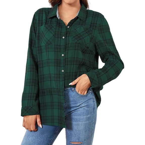 Arlun Plaid Flannel Long Sleeve Shirts for Women Buffalo Checkered Button down Loose Fit Blouse Tops Soft Comfy Fall Winter Stylish Outfits for Layering Dark Green XL