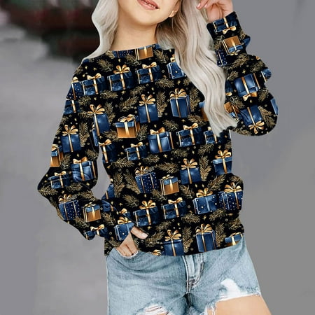 

Blczomt Christmas Kids Sweatshirt Long Sleeve Pullover Sweatshirts Crew Neck Black Winter Dressy Casual Girls Fashion