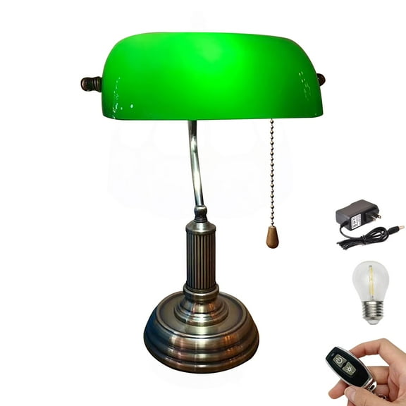 Kiven Cordless Bankers Table Lamp,1-Light Dimmable Bedside Lamps for Nightstand with Glass Lampshade, Vintage Rechargeable Desk Lamp for Reading Home Decor Bedside TD1120