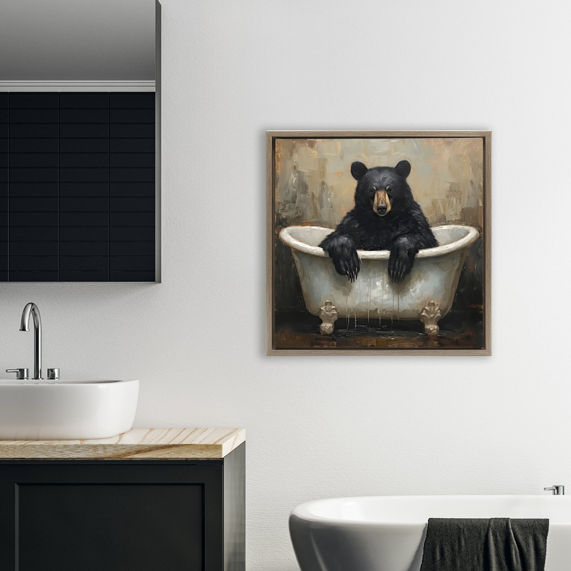 Stupell Industries Black Bear Bath Time Brown Framed Floater Canvas Wall Art, design by Tina LeCour