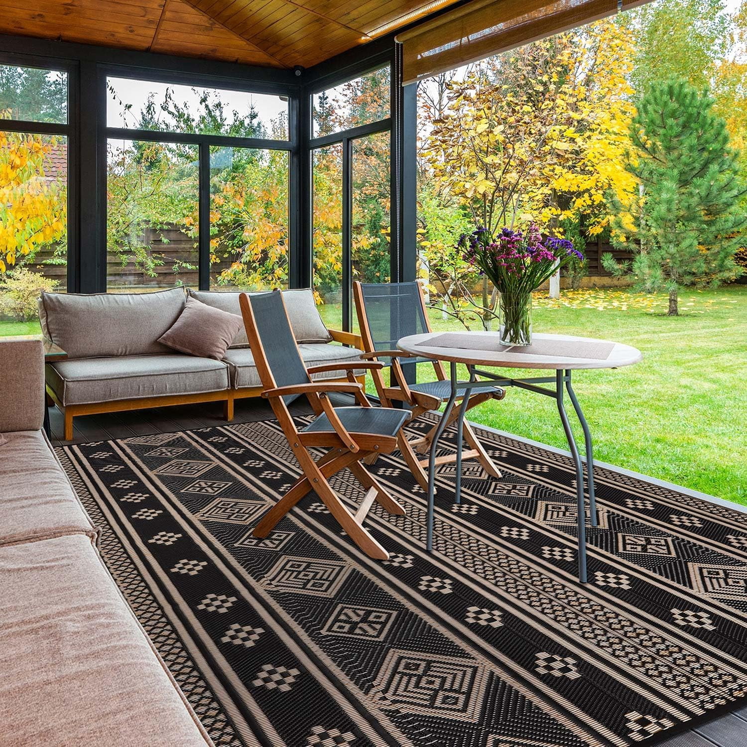 9'x12' Outdoor Rugs, Yamaziot Waterproof Plastic Patio Rug, Reversible Outdoor Mats for RV Camping Picnic Garden Backyard Balcony Porch Beach, Black