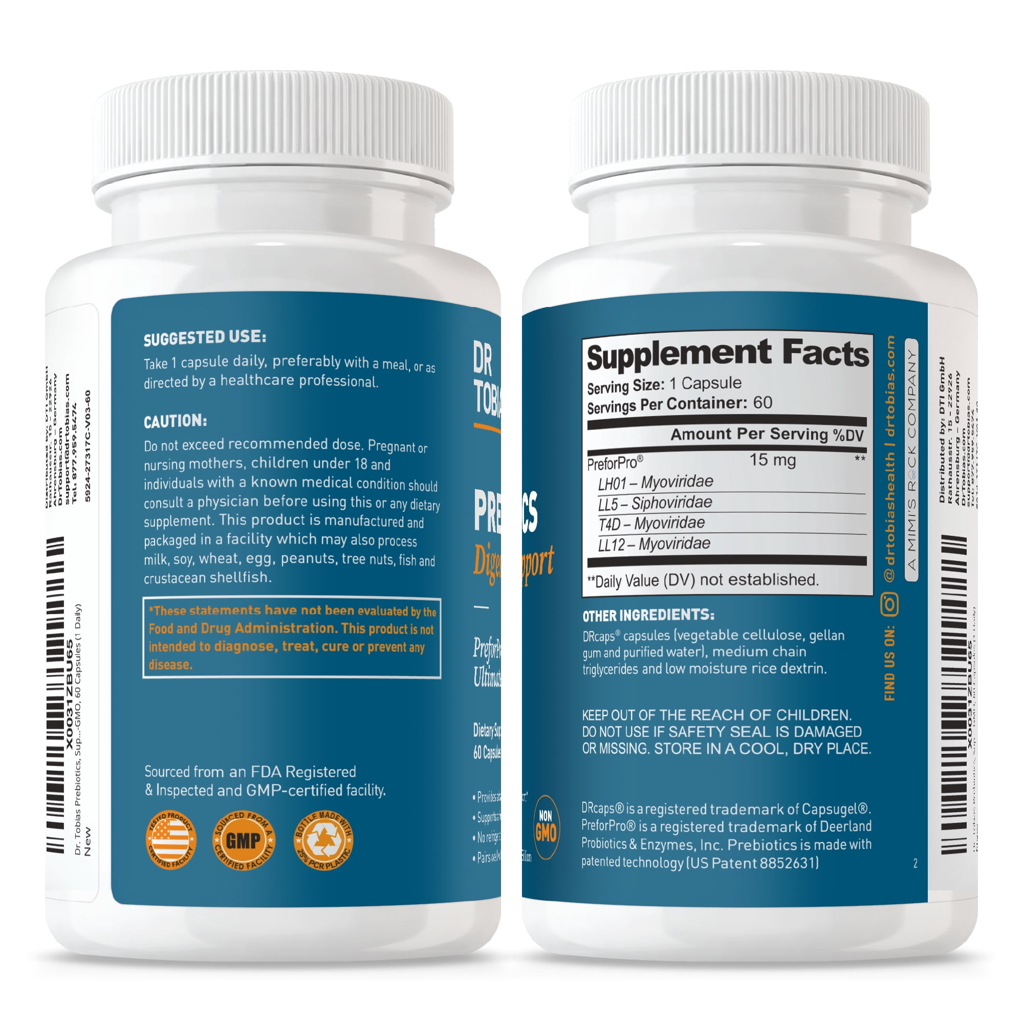 Dr. Tobias Prebiotics Digestive Support, Advanced Prebiotic Supplement for Gut Health, Immune Function & Boost for Probiotics for Women & Men, Vegan, Non-GMO, 60 Capsules, 60 Servings