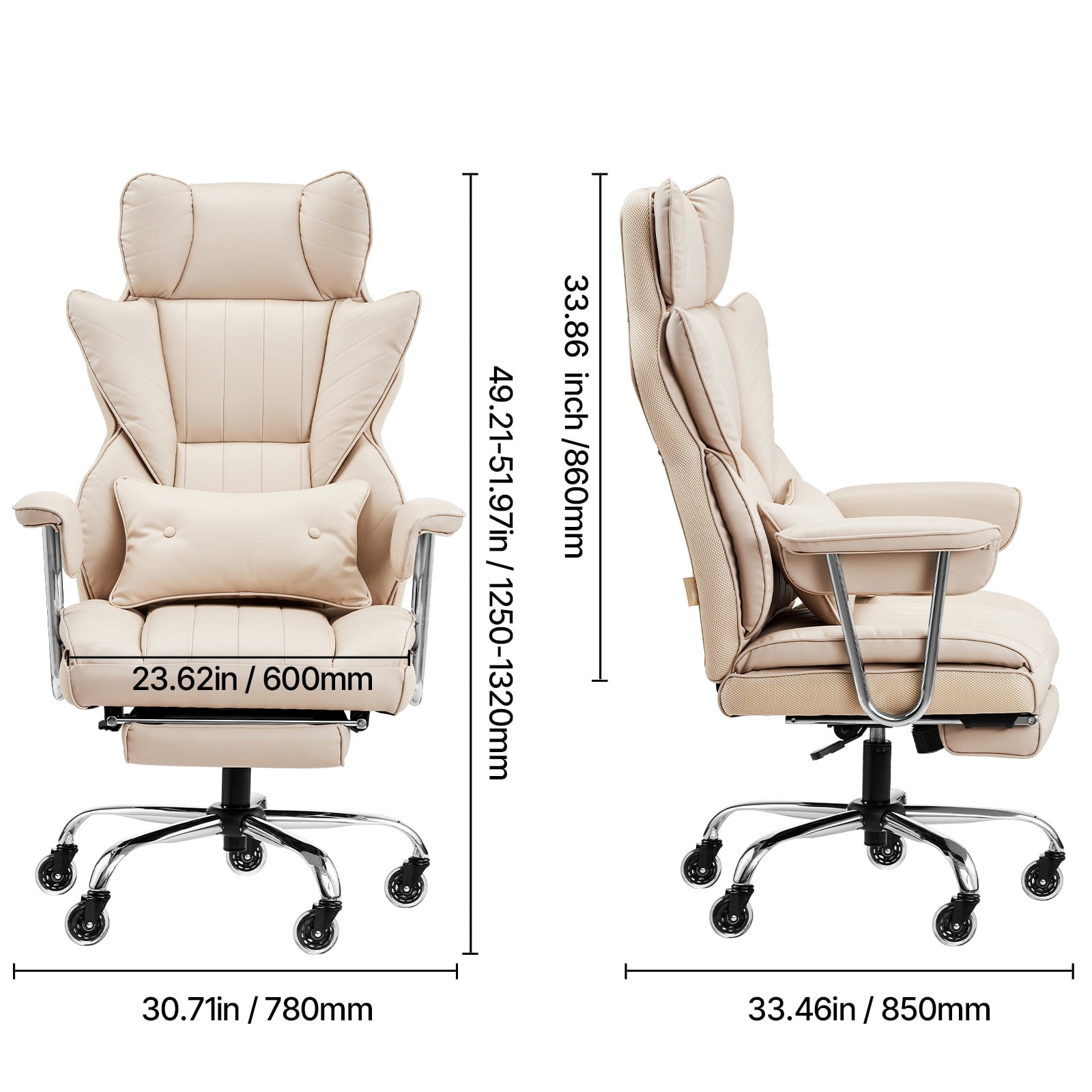 KFFKFF Managerial Office Seat, Tall Backrest Chair with Retractable Footstool and Detachable Arm Supports, Comfortable Workstation Chair, PU Leather Revolving Mobility Chair, Brown