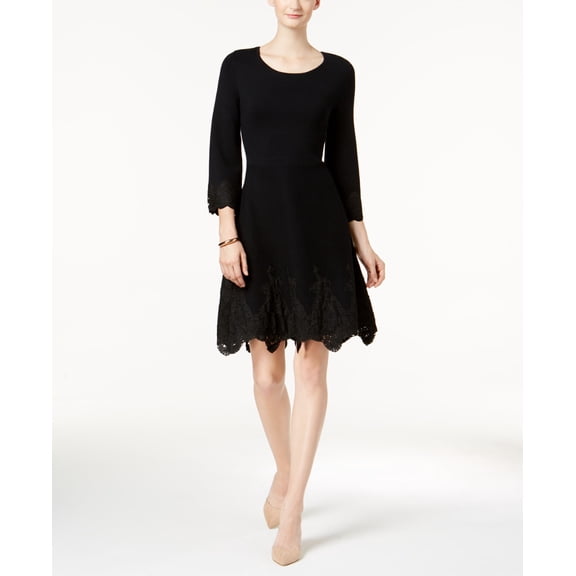 Charter Club Petite Lace Hem Fit Flare Dress Deep Black PS