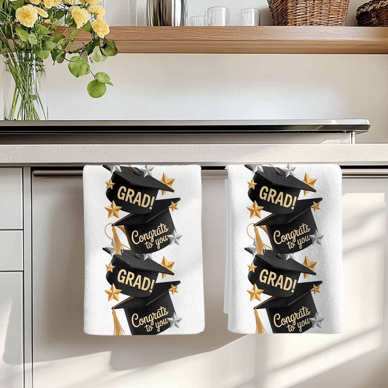 Graduate Kitchen Towels Set of 2, Funny Words Modern Art Absorbent Dish Towels for Kitchen, Microfiber Hand Towel, Quick Drying Tea Towel for Cleaning Decorative Dishcloths