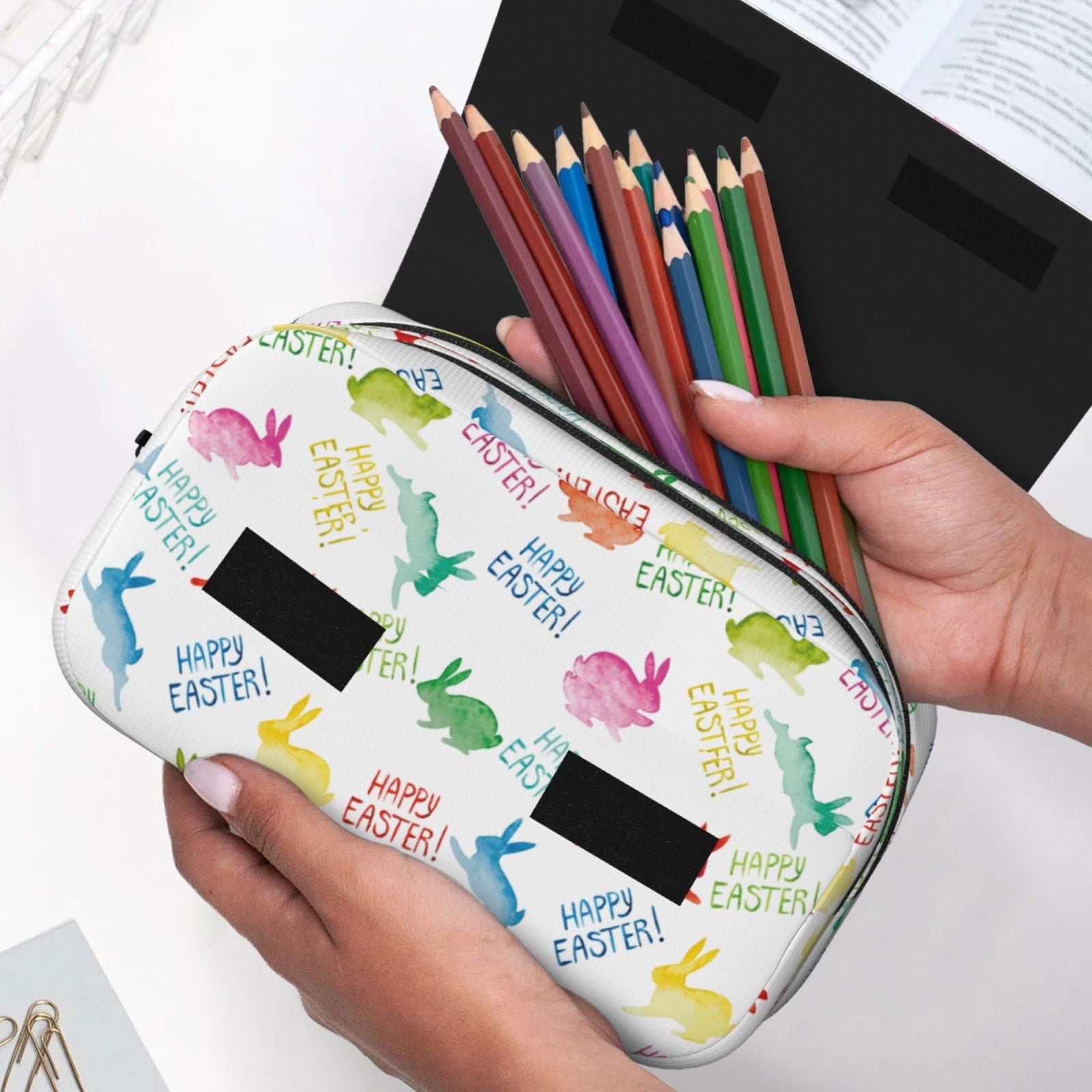 Rateoe Happy Easter Rabbit Pattern Double Clamshell Pen Case, Storage Organizer with Two Zipper Compartments– Holds Up to 50 Pencils & Pens