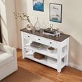 thumbnail image 6 of MAYEERTY Retro Console Table with 2 Open Shelves, Solid Pine Wood Frame, Brown & White, 6 of 12