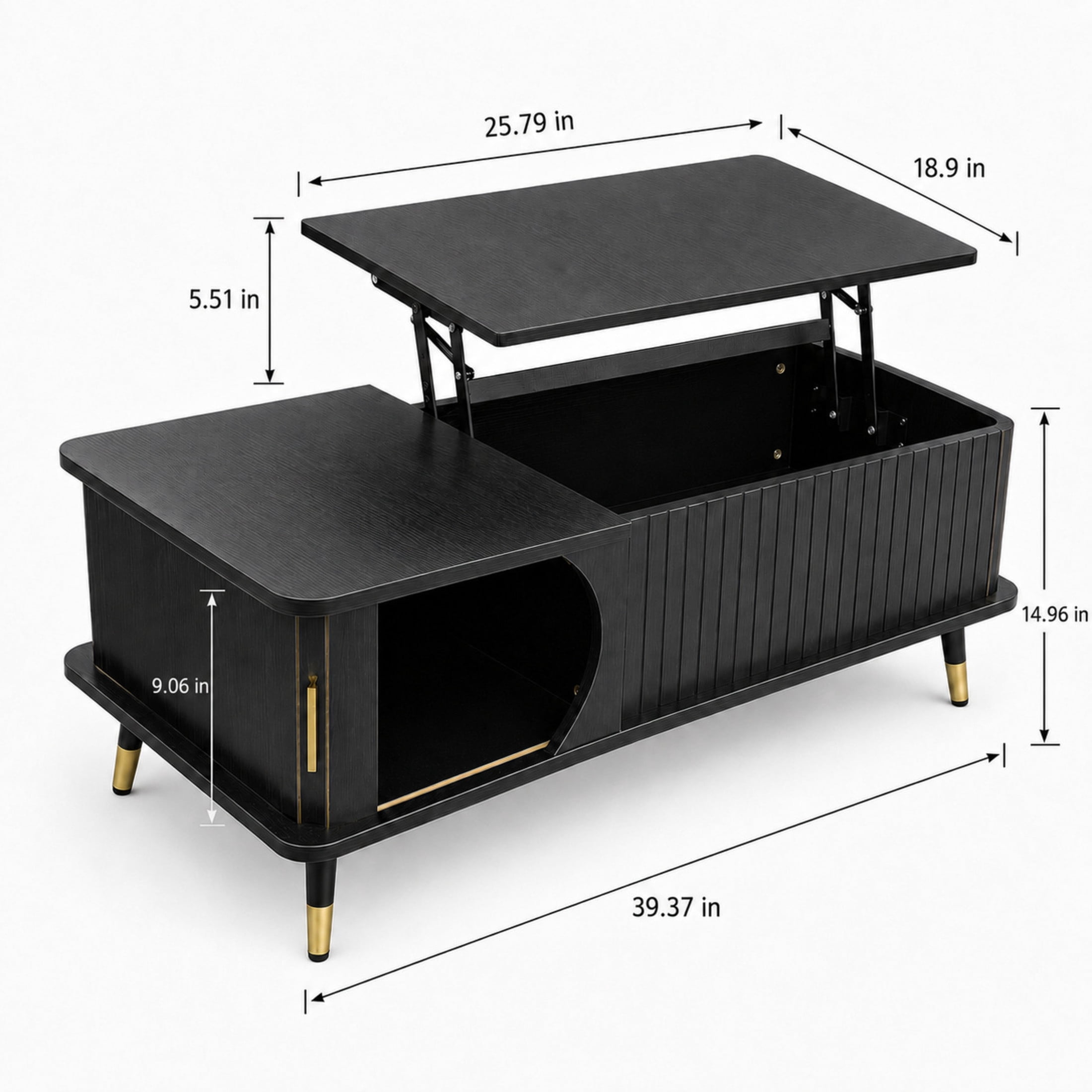 GDF Studio Lift-Top Coffee Table with Hidden Compartment & Side Storage Shelves, Center Table for Home Living, Black