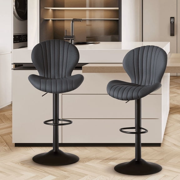 Bar Stools Set of 2, Dark Grey Quilted Fabric with Adjustable Swivel and Footrest, 265 lbs Capacity for Kitchen Island