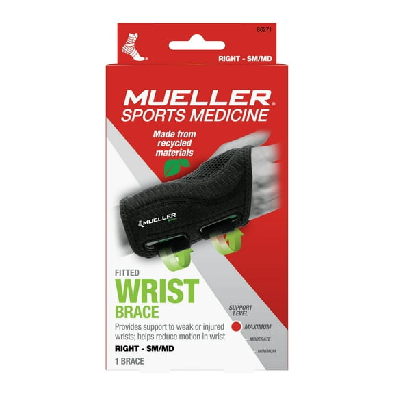 Mueller Green Fitted Wrist Brace, Right Hand, Unisex, Small/Medium, Black