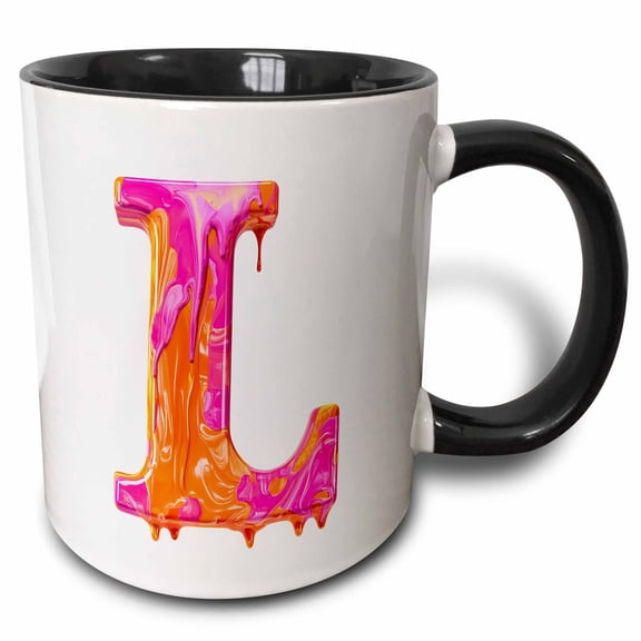 3drose, Modern Pink and Orange Image of Dripping Paint Monogram Initial L, 11oz Two-tone Black Mug