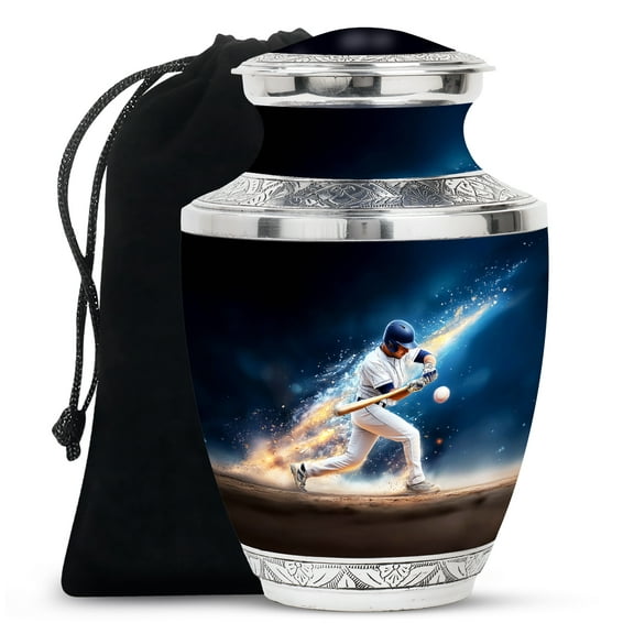 MUKTIVE Baseball Player Cremation Urns for Adult Ashes Women and Men, Large Funeral Urns for Human Ashes Adult for Burial and Cremation, Funeral Blue Urn for Dad With Velvet Bag, 10 Inch