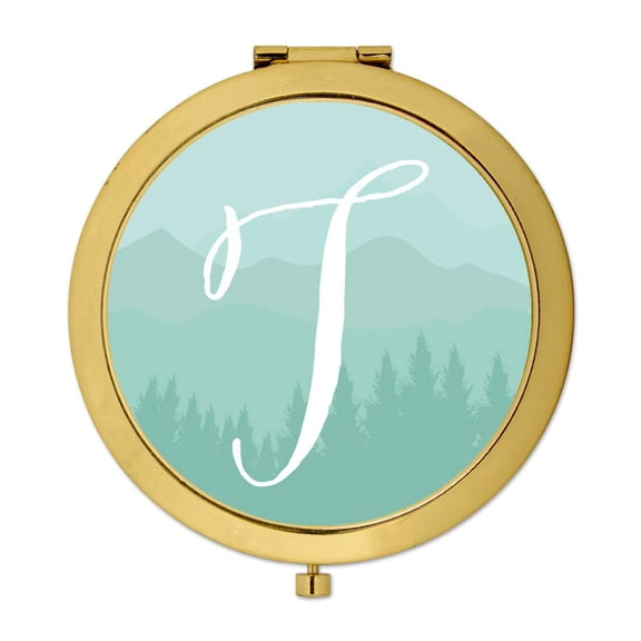 Koyal Wholesale Gold Compact Mirror Bridesmaid's Wedding Gift, Aqua Watercolor Rustic Trees, Monogram Letter T, 1-Pack