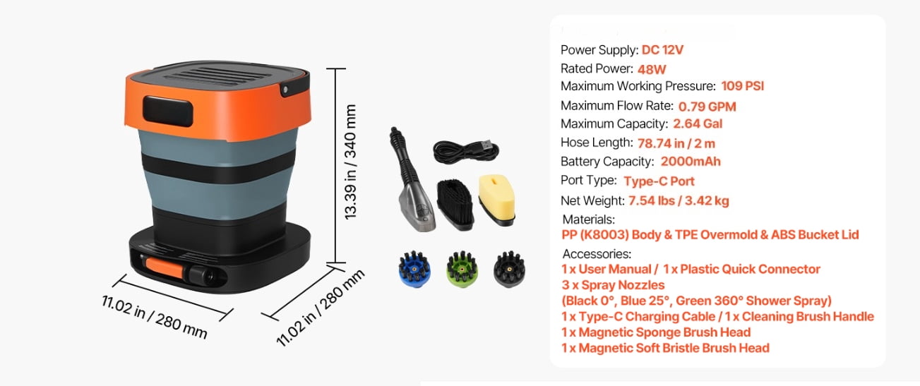 convenient Cordless Pressure Washer, 2.64 Gal Tank, Foldable, 109 PSI, 3 Nozzles + 2 Brushes, 78.7" Hose, for Bike/Patio/Camping