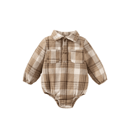 

Mikrdoo Newborn Baby Boys Romper Plaid Print Turn-down Collar Jumpsuits Pocket Long Sleeve One Piece Bodysuits Brown 6-9 Months
