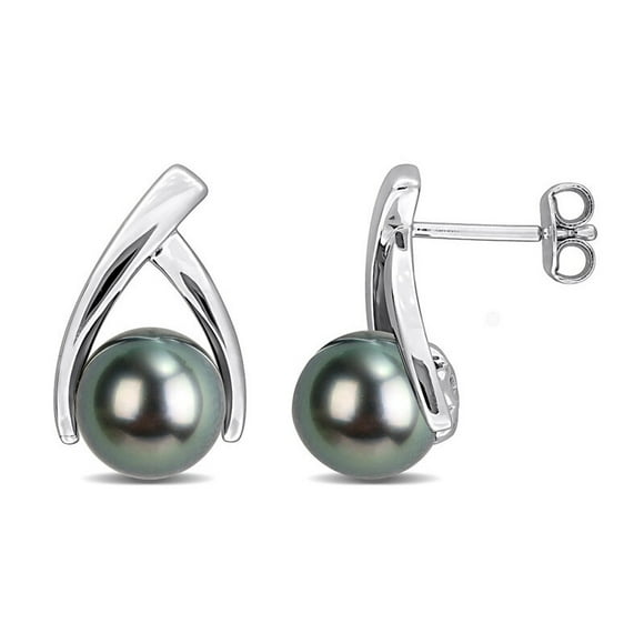 8-8.5mm Round Black Tahitian Pearl Post Earrings Sterling Silver
