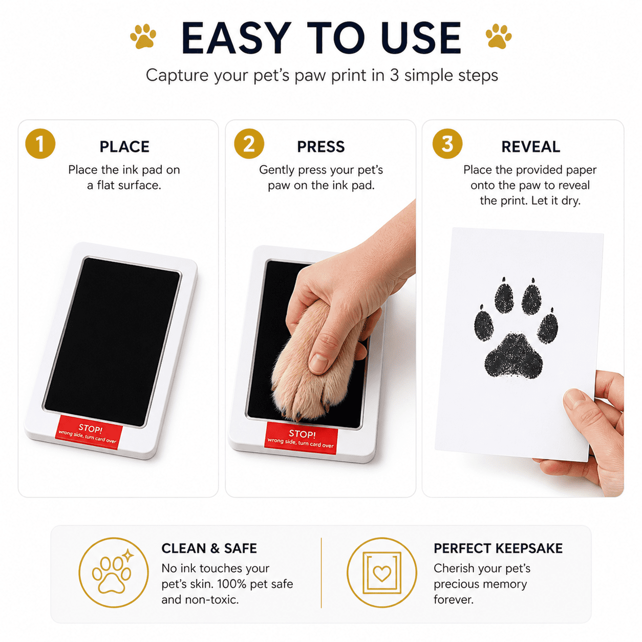 Pet Paw Print Memorial Picture Frame Kit, Wooden Keepsake Frame with Ink Pad and Gold Letter Stickers for Dogs & Cats