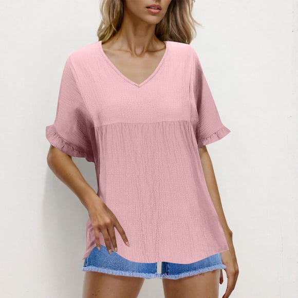 TNDBKQWR Womens Shirts on Sale Women Tops Spring Casual Women Tops Womens V Neck Tops Short Sleeve Women Tops Dressy Summer 2025 Tops, Pink, L