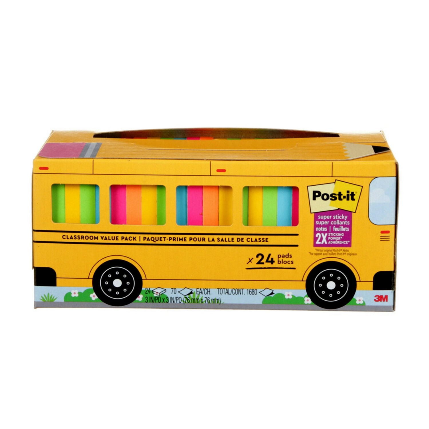 Post-it® Super Sticky Notes 654-24SSBUS, Classroom Value Pack, 24 Pads/Pack, 70 Sheets/Pad