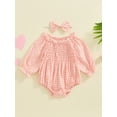 thumbnail image 4 of Hirigin Newborn Infant Baby Girl Cotton Linen Plaid Romper 0 3 6 12 18 Months Off Shoulder Long Sleeve Smocked Bodysuit with Headband, 4 of 8