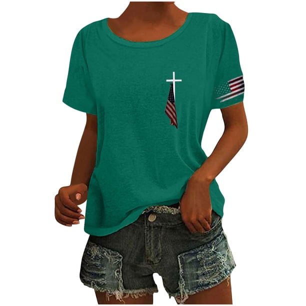 Tops Cortos para las Mujeres Día de la Independencia Patriótica Impreso Cuello en V, Manga Corta Top Casual para Diario, Fiesta Y Todas las Estaciones