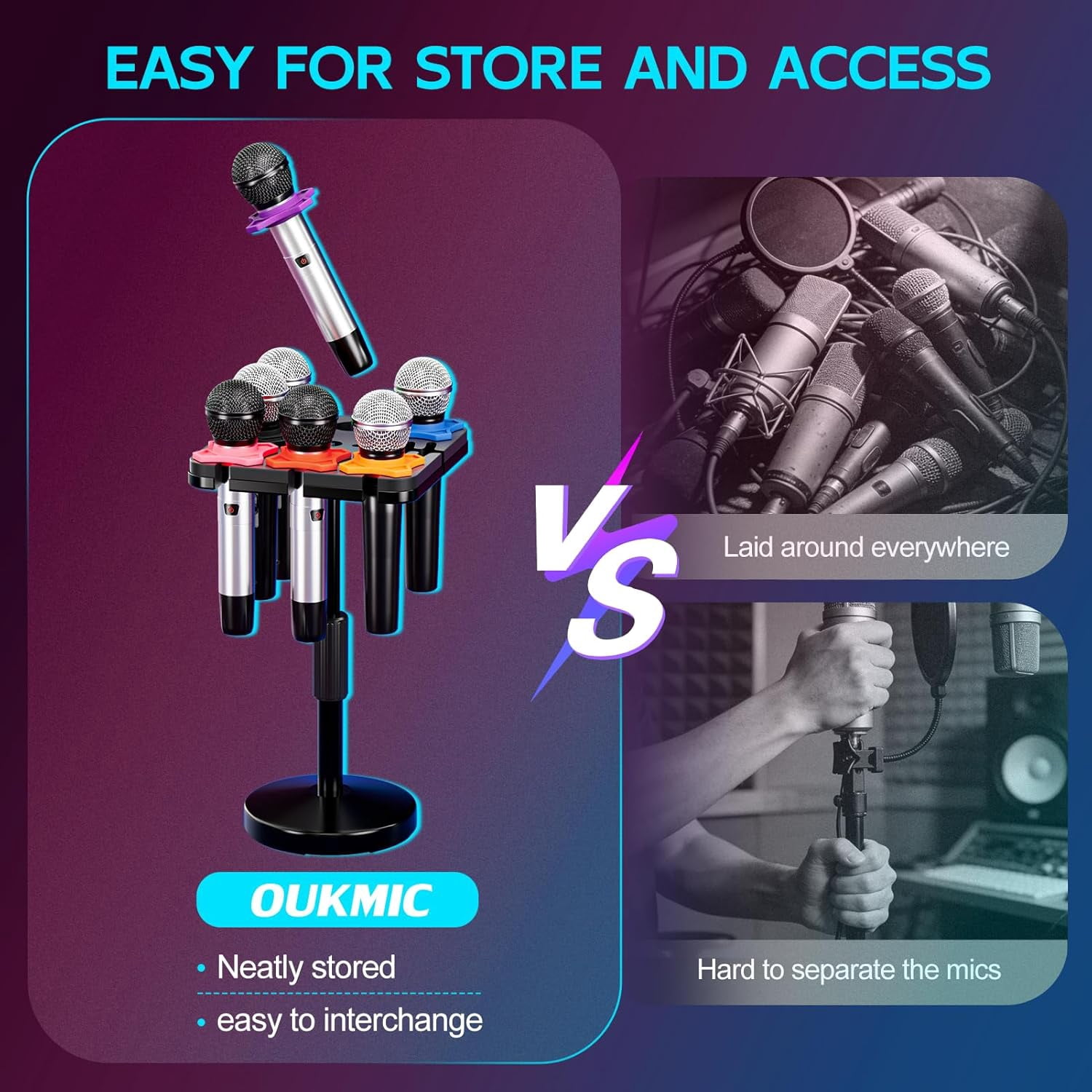 Multi Microphone Holder with Desktop Mic Stand, Square Tray with  Slots Holds  to 7 Mics, Wired and Wireless Mic Holder for Stage Organizer and Display-7 Anti-roll Rings Included