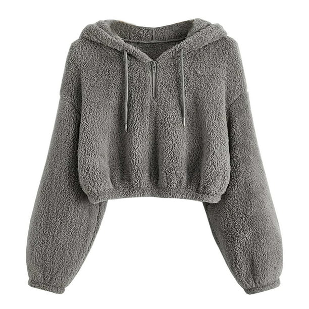 Sudadera corta con cremallera y capucha de felpa de manga larga suelta solida para mujer Fridja fksj4087 Walmart en linea