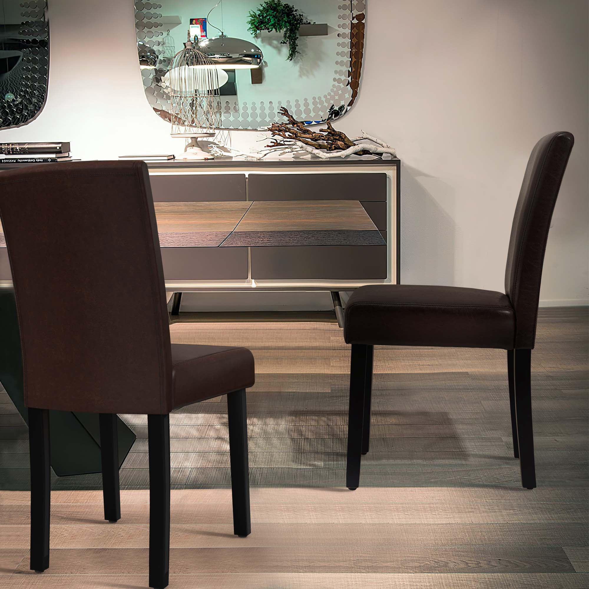 PU Dining Chairs Set of 2 Large Dining Chair with Wood Legs,Brown