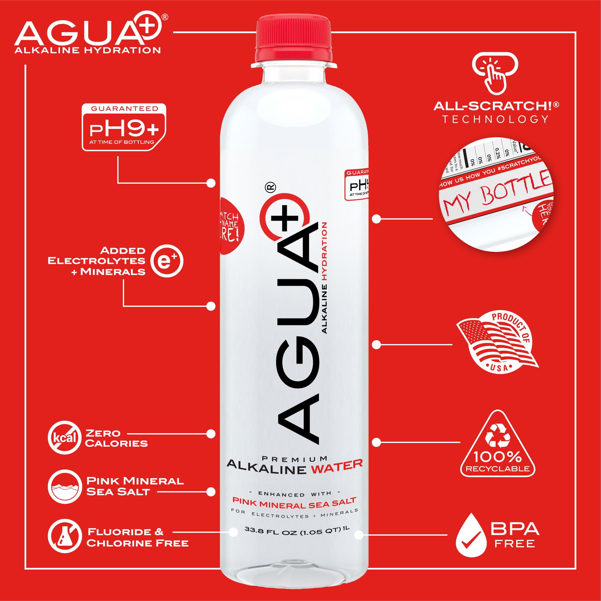Plus Brand Industries, Agua Plus pH9+ Alkaline Water Bottles, 33.8