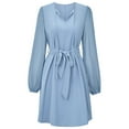 thumbnail image 3 of Gibobby Vestido de manga larga para mujer Vestido de moda e informal de color sólido con cuello en V y empalme en la cintura para mujer Ropa de otoño e invierno(Azul,M), 3 of 5