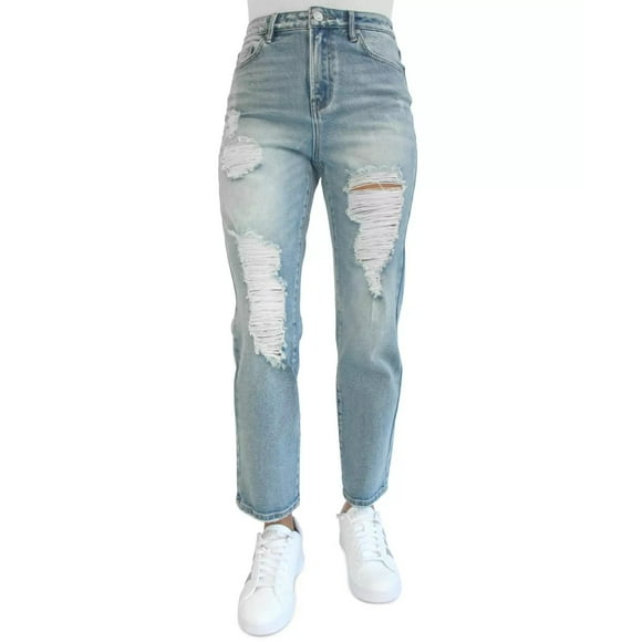 Almost Famous Juniors’ Ripped Mom Jeans, Blue, 3