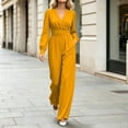 thumbnail image 5 of Sunnin Womens Jumpsuit Solid Color V Neck Long Sleeve Zip Pleated Waist Wide Leg Lounge Wear, 5 of 6
