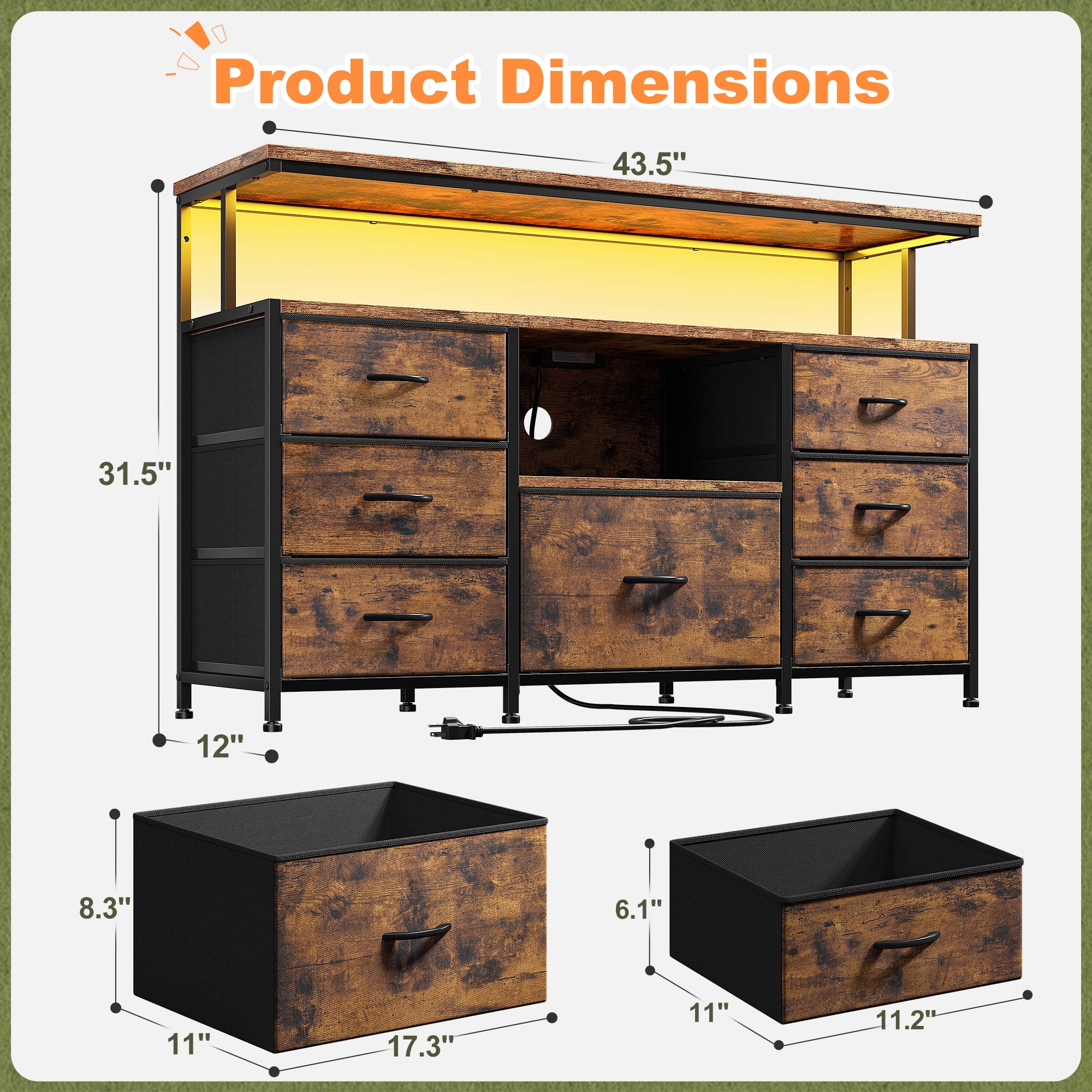 Dresser TV Stand for Bedroom with LED Lights & Power Outlets for 55" TV Wide Dresser for Bedroom with 7 Drawers & Open Shelves for Living Room, Sturdy Frame, Rustic Brown