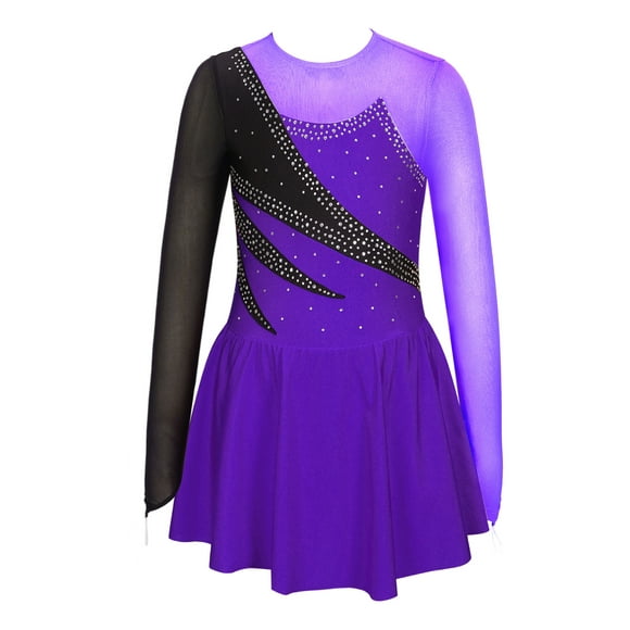 Doomiva Figure Skating Dress for Girls Gymnastics Training Competition Skating Wear Rhinestone Long Sleeve Skirted Leotard Purple 8
