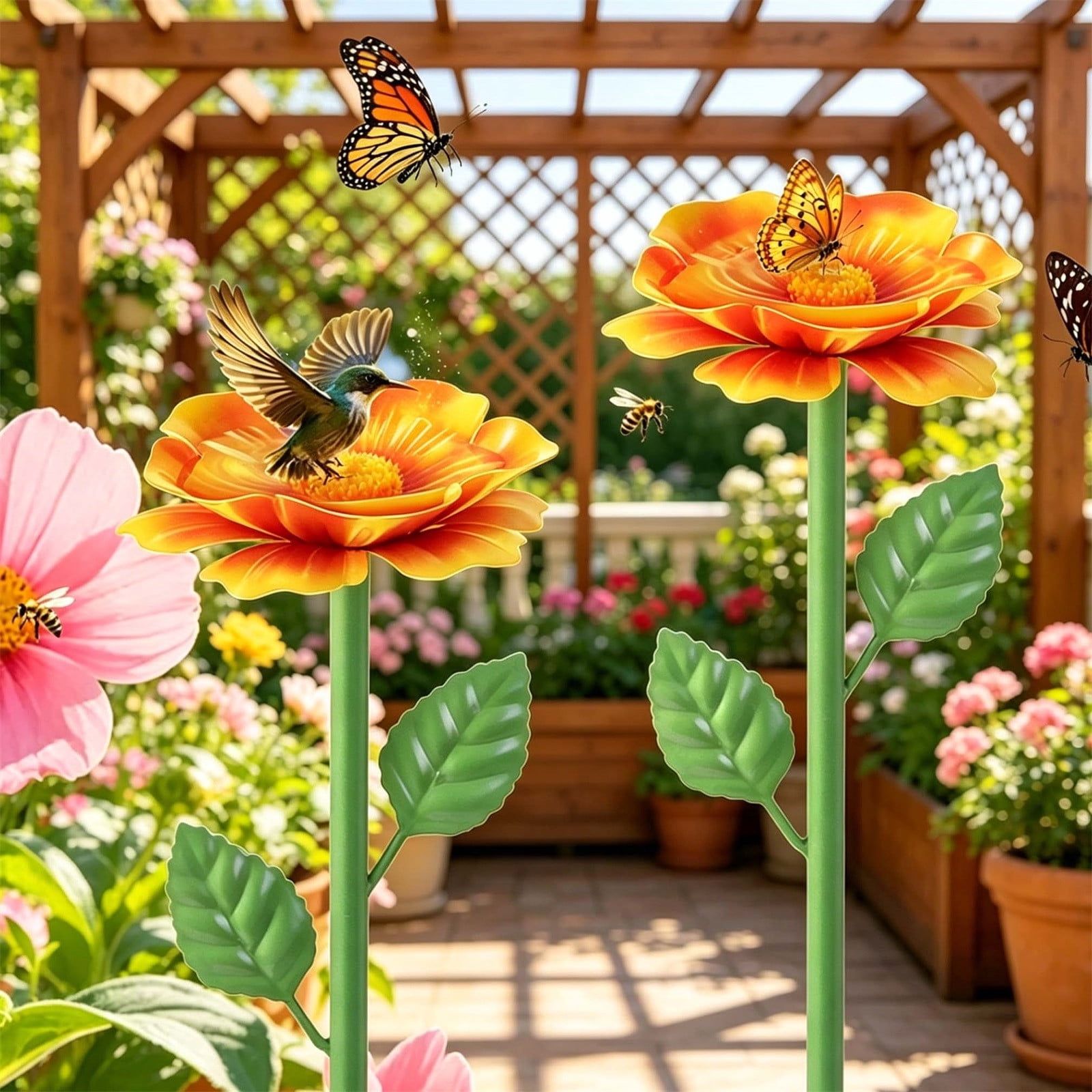 Bird Bath for Outside, 1 Pack Metal Flowers Garden Stake Bird Feeder & Bee Bath, Outdoor Flower Bird Bath Bee Watering Station for Garden (Orange)