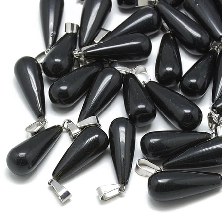 Natural Black Stone Pendants with Stainless Steel Snap On Bails Drop 28~30x10~12mm Hole: 6x4mm