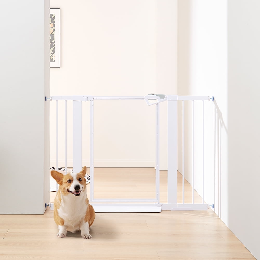 unipaws Clear Dog Gate for Dogs, Walk -Thru Pet Gate for Doorway Stairs , Pressure Mounted, Indoor/Outdoor Use, White