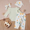 thumbnail image 4 of Toddler Baby Girl 4 Piece Outfit Ribbed Ruffle Long Sleeve Bodysuit Print Pants Bow Headband Hat Set Newborn Kaprioy Girls Clothes Fall Winter, 4 of 8