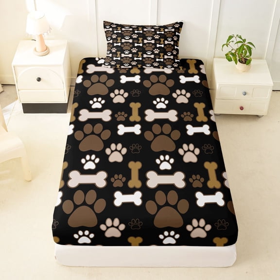 Manfei Cute Dog Paw Twin Fitted Sheet, Cartoon Bone Print Bedding, Black Brown, 2pcs, 1 Fitted Sheet and 1 Pillowcase