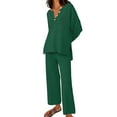 thumbnail image 3 of Scyoekwg Womens 2 Piece Sets Casual Sets Button Long Sleeve Tops Wide Leg Pants Fashion Matching Outfits Two Piece Set Sweatsuits (Green,XXL), 3 of 5